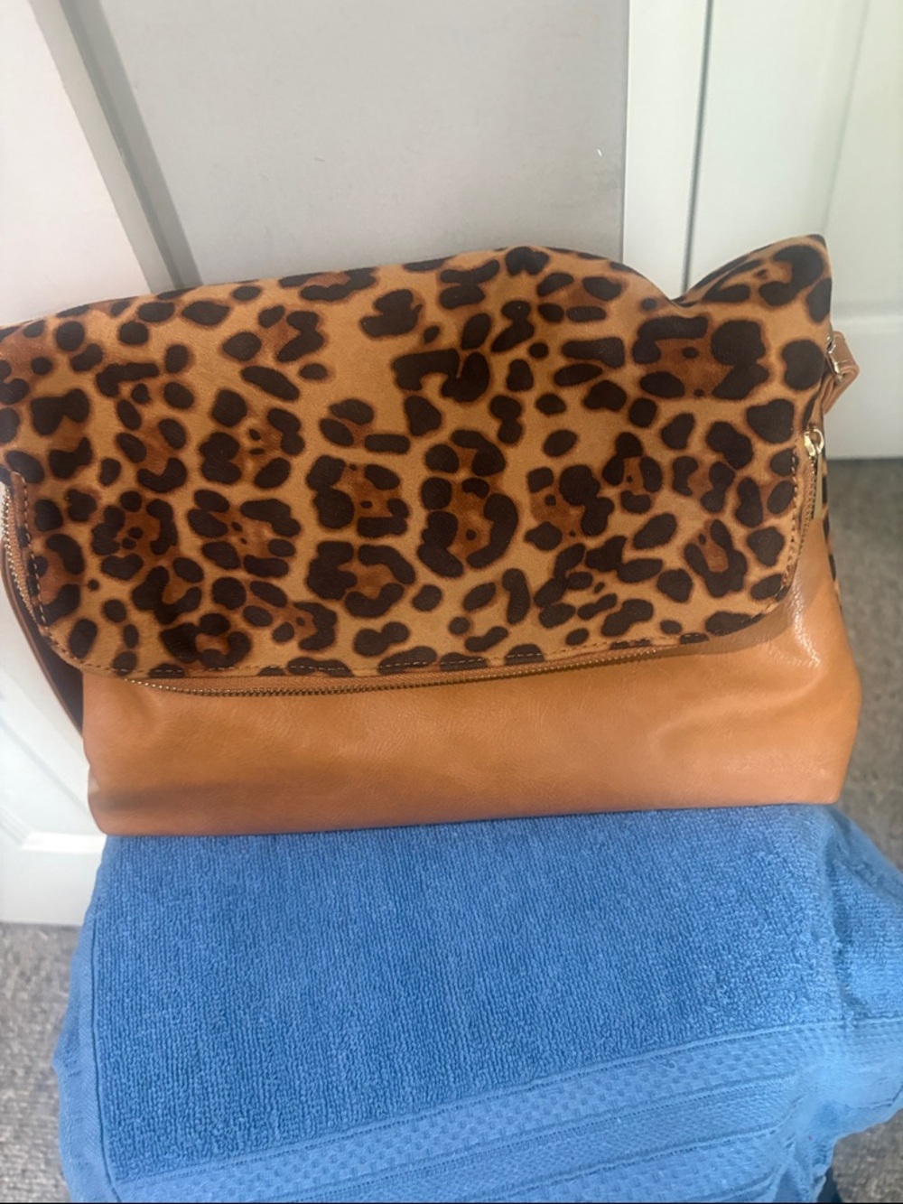 Karri Blue hLeopard Print Fold-Over Shoulder Bag in Tan